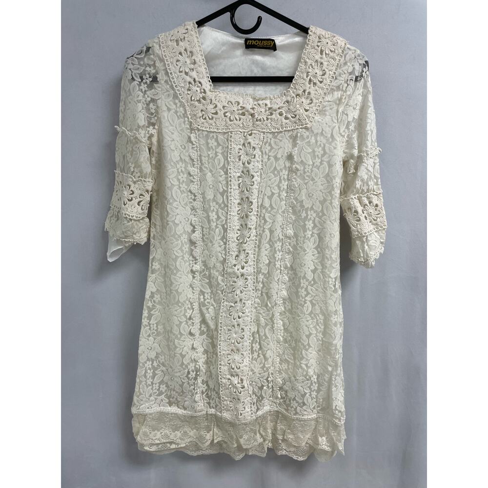 MOUSSY Vintage Ivory Lace Embroidered Shift Dress Women's XS 3/4 Sleeves